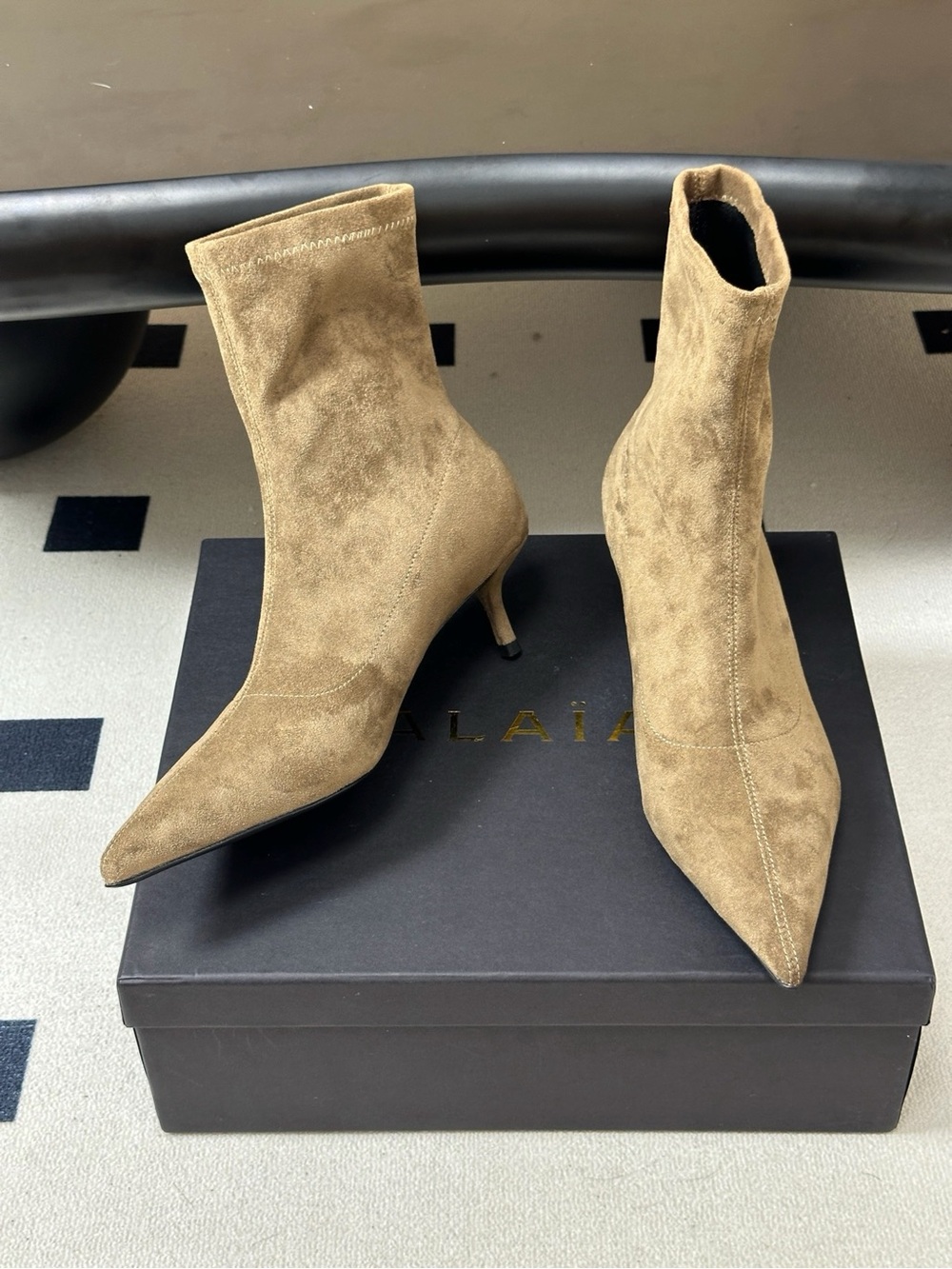 Alaïa Tan Suede Pointed-Kitten Heel Ankle Boots